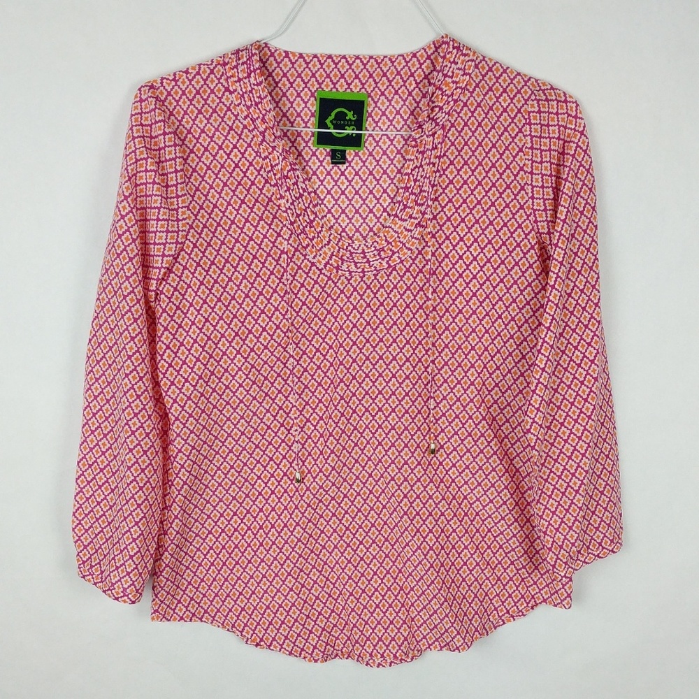 C Wonder Geometric Popover 3/4 Sleeve Top Blouse